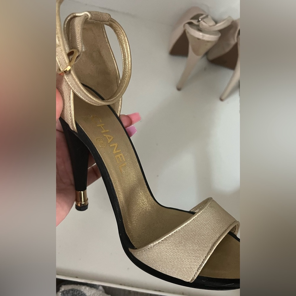 Chanel size 7 1/2 Beige Light Gold Black Heels Platform SANDALS ...